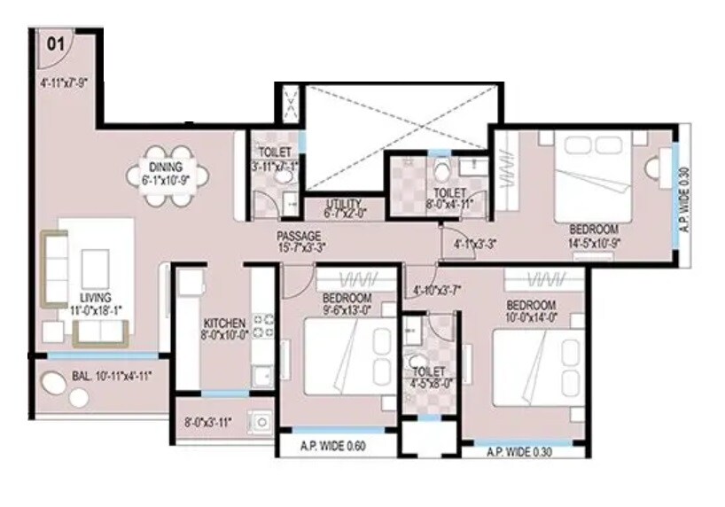 Floor plan of 3 BHK 1146 Sq. Ft. Apartment in Tharwani Solitaire Phase IV, Thane