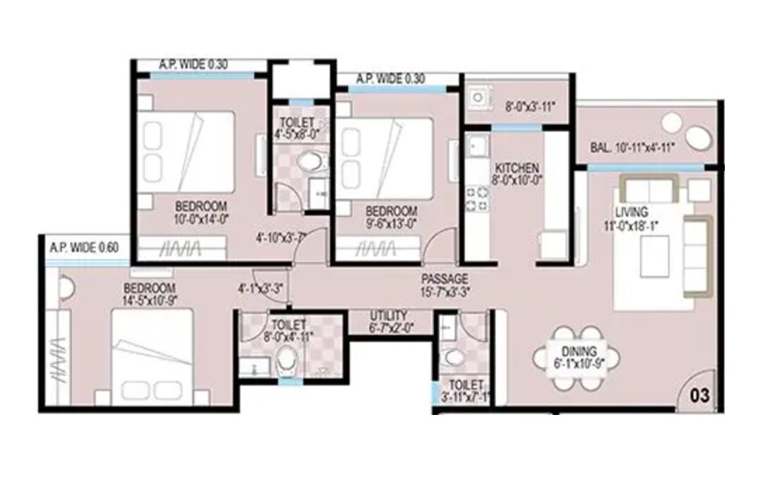 Floor plan of 3 BHK 892 Sq. Ft. Apartment in Tharwani Solitaire Phase IV, Thane