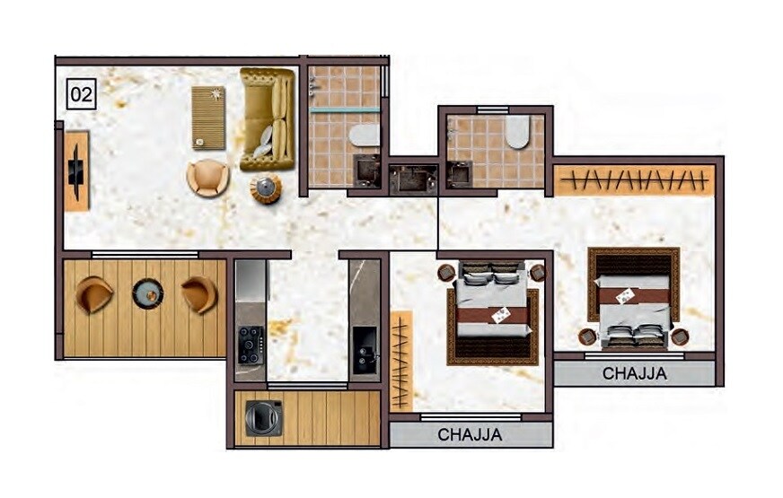 Floor plan of 2 BHK 525 Sq. Ft. Apartment in Tharwani Vedant Empire, Thane