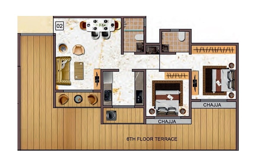 Floor plan of 2 BHK 734 Sq. Ft. Apartment in Tharwani Vedant Empire, Thane