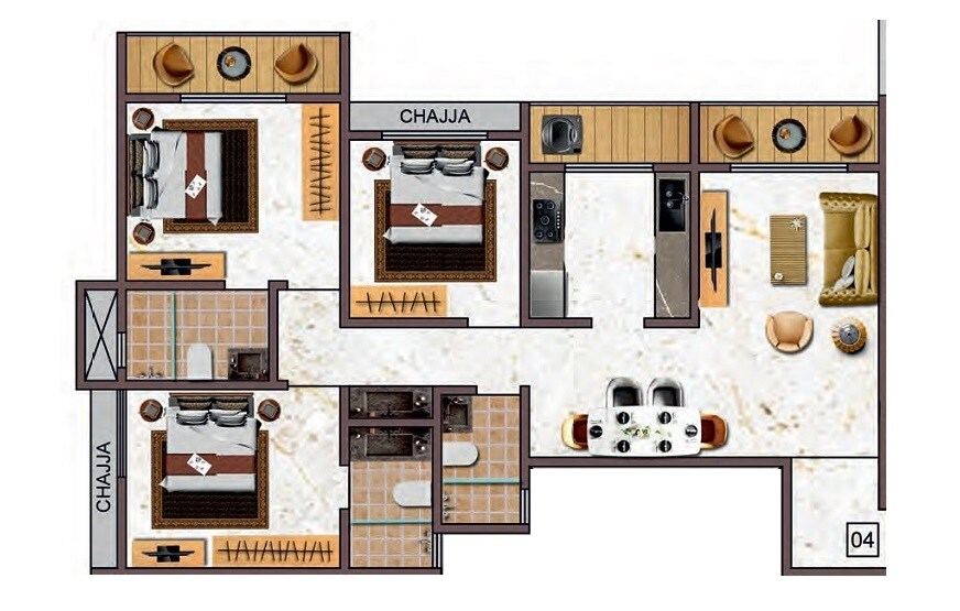 Floor plan of 3 BHK 1050 Sq. Ft. Apartment in Tharwani Vedant Empire, Thane