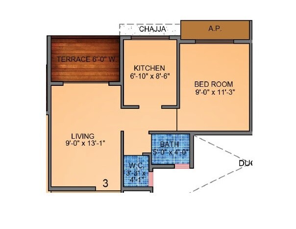 Floor plan of 1 BHK 313 Sq. Ft. Apartment in Tharwani Vedant Millenia, Thane