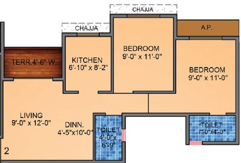 Floor plan of 2 BHK 458 Sq. Ft. Apartment in Tharwani Vedant Millenia, Thane