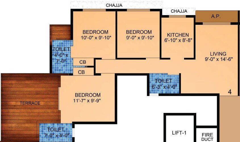 Floor plan of 3 BHK 625 Sq. Ft. Apartment in Tharwani Vedant Millenia, Thane
