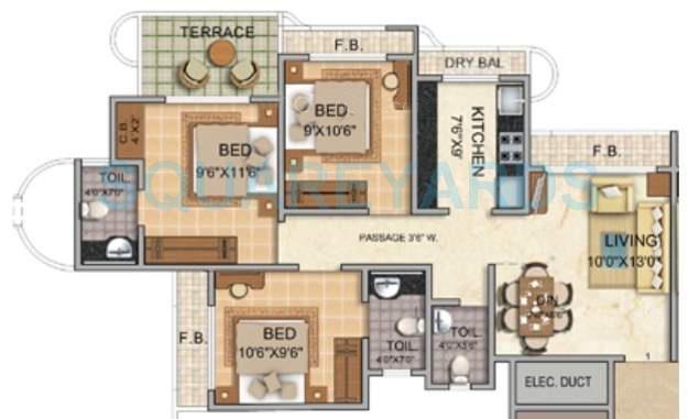 Floor plan of 3 BHK 624 Sq. Ft. Apartment in Tharwani Vedant Millenia, Thane
