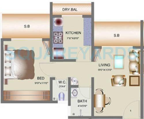 Floor plan of 1 BHK 312 Sq. Ft. Apartment in Tharwani Vedant Nakshatra, Thane