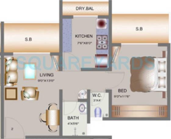 Floor plan of 1 BHK 500 Sq. Ft. Apartment in Tharwani Vedant Nakshatra, Thane
