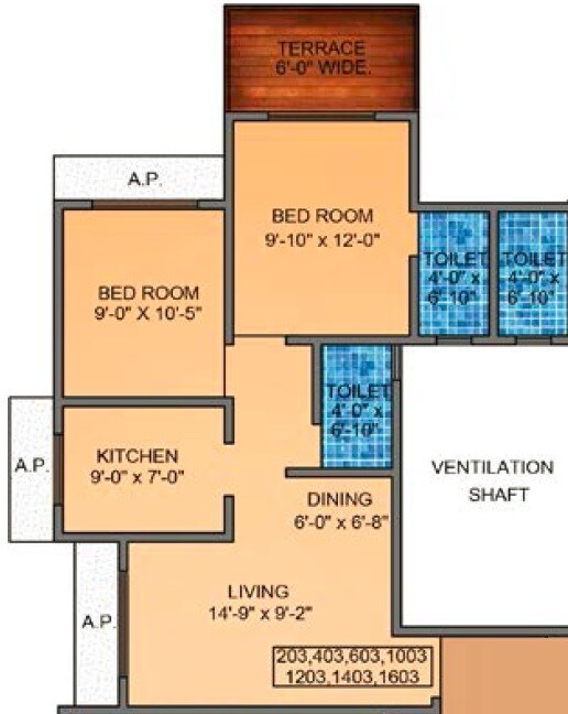Floor plan of 2 BHK 734 Sq. Ft. Apartment in Tharwani Vedant Nakshatra, Thane
