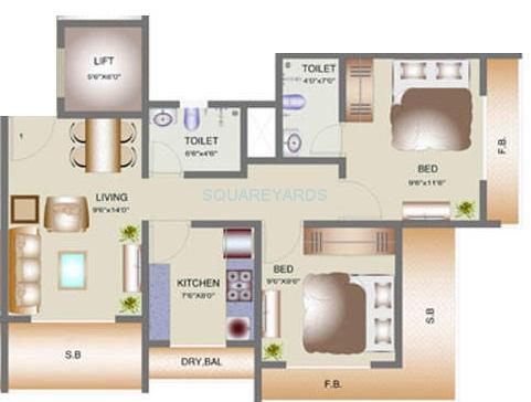 Floor plan of 2 BHK 690 Sq. Ft. Apartment in Tharwani Vedant Nakshatra, Thane