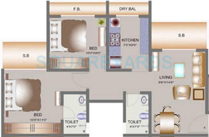 Floor plan of 2 BHK 512 Sq. Ft. Apartment in Tharwani Vedant Nakshatra, Thane