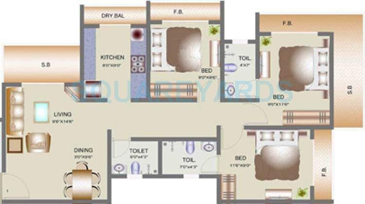 Floor plan of 3 BHK 750 Sq. Ft. Apartment in Tharwani Vedant Nakshatra, Thane