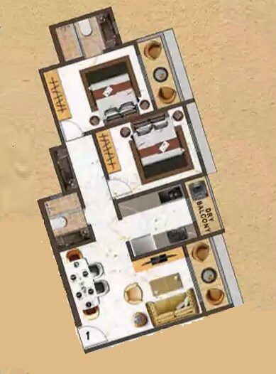 Floor plan of 2 BHK 806 Sq. Ft. Apartment in Tharwani Vedant Palacia, Thane