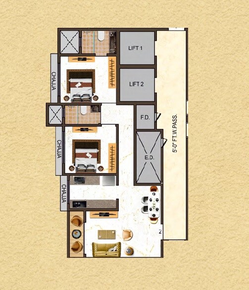 Floor plan of 2 BHK 693 Sq. Ft. Apartment in Tharwani Vedant Palacia, Thane