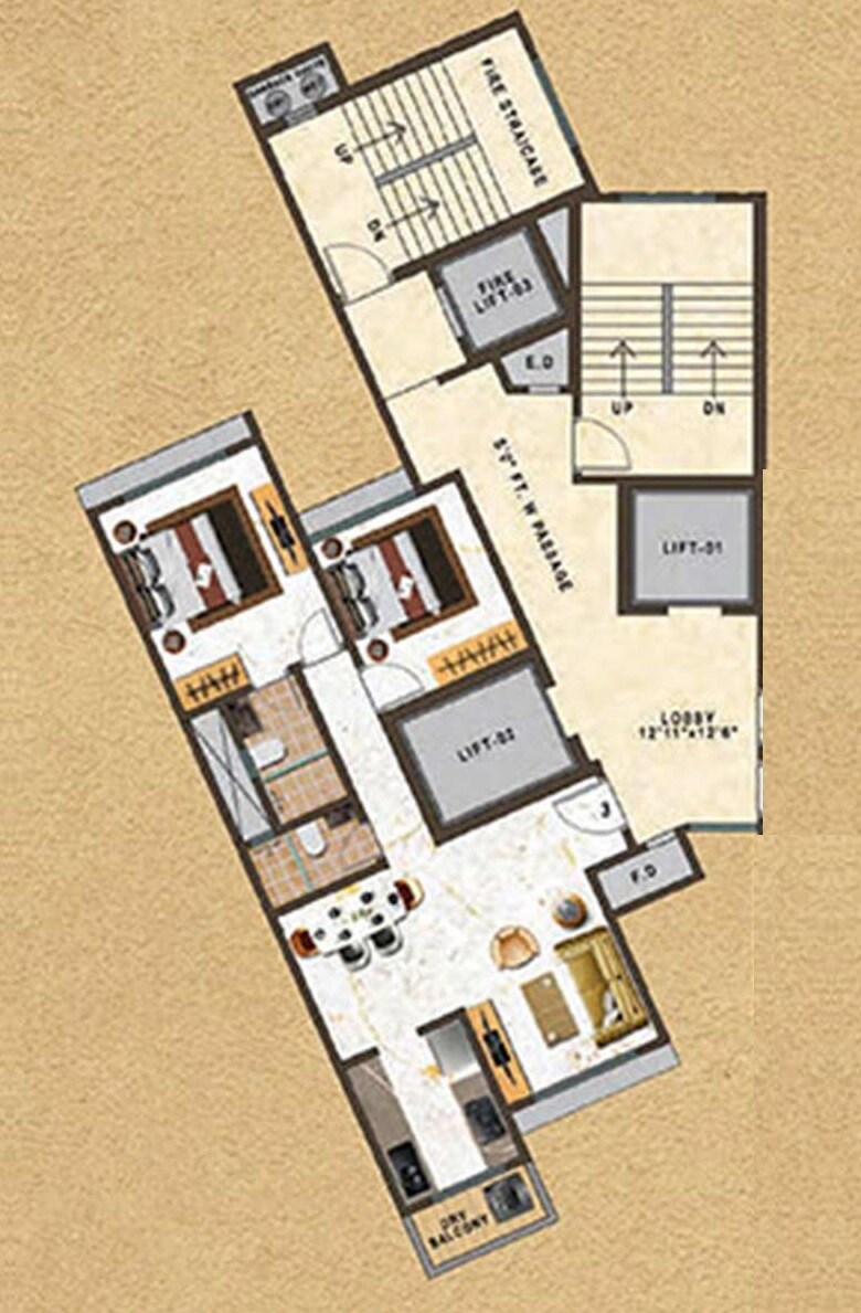 Floor plan of 2 BHK 735 Sq. Ft. Apartment in Tharwani Vedant Palacia, Thane