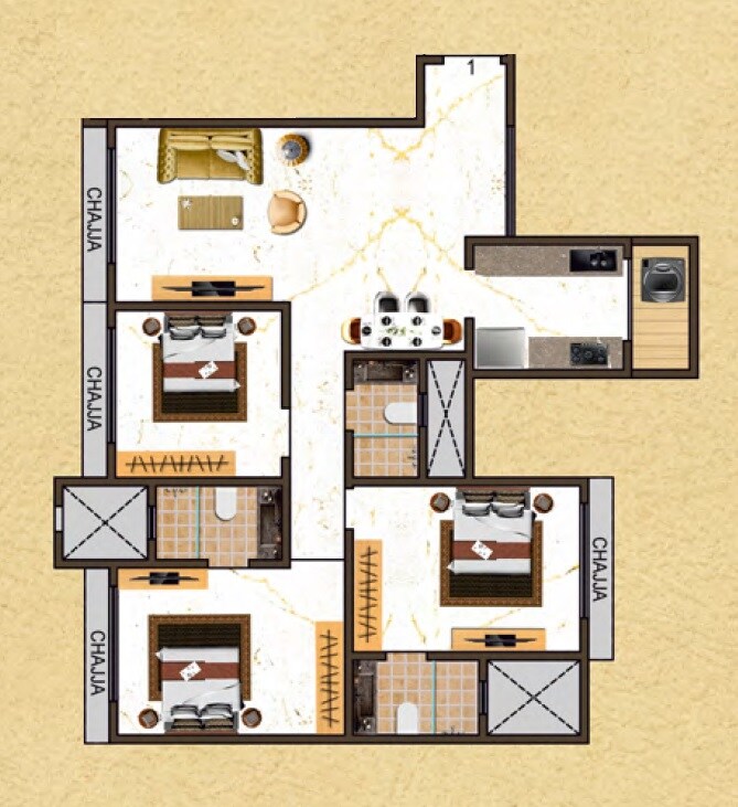 Floor plan of 3 BHK 1114 Sq. Ft. Apartment in Tharwani Vedant Palacia, Thane