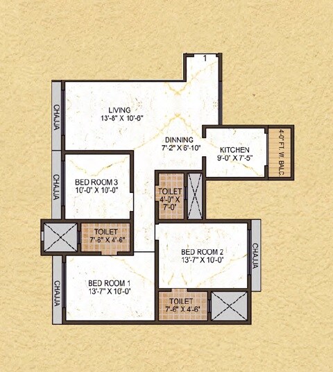 Floor plan of 3 BHK 1026 Sq. Ft. Apartment in Tharwani Vedant Palacia, Thane