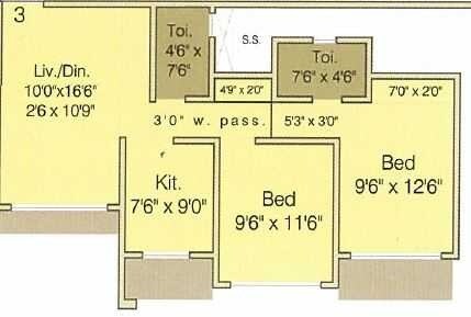 Floor plan of 2 BHK 1100 Sq. Ft. Apartment in The Centre Park, Thane