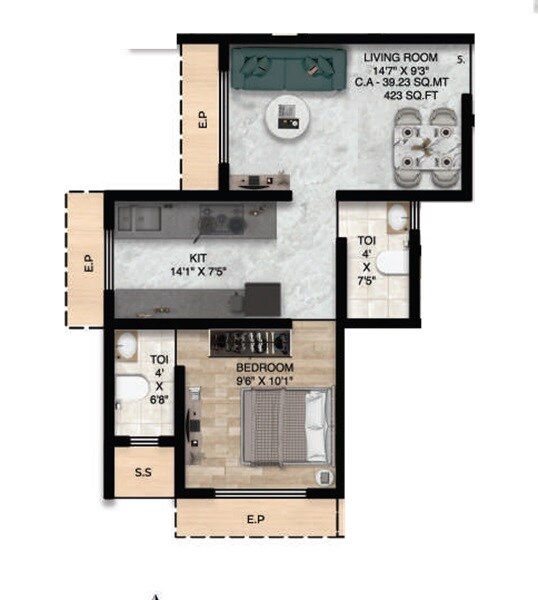 Floor plan of 1 BHK 423 Sq. Ft. Apartment in The Pyramid One, Thane