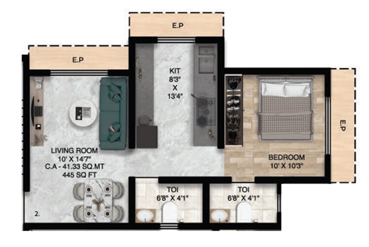 Floor plan of 1 BHK 445 Sq. Ft. Apartment in The Pyramid One, Thane