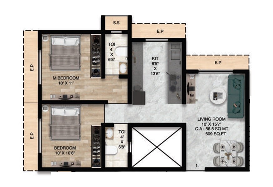 2 BHK 609 Sq. Ft. Apartment
