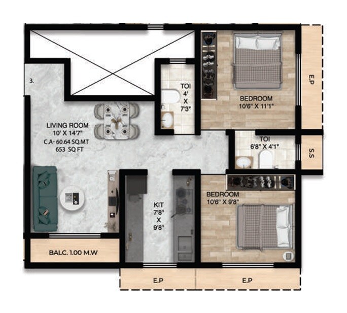 Floor plan of 2 BHK 643 Sq. Ft. Apartment in The Pyramid One, Thane