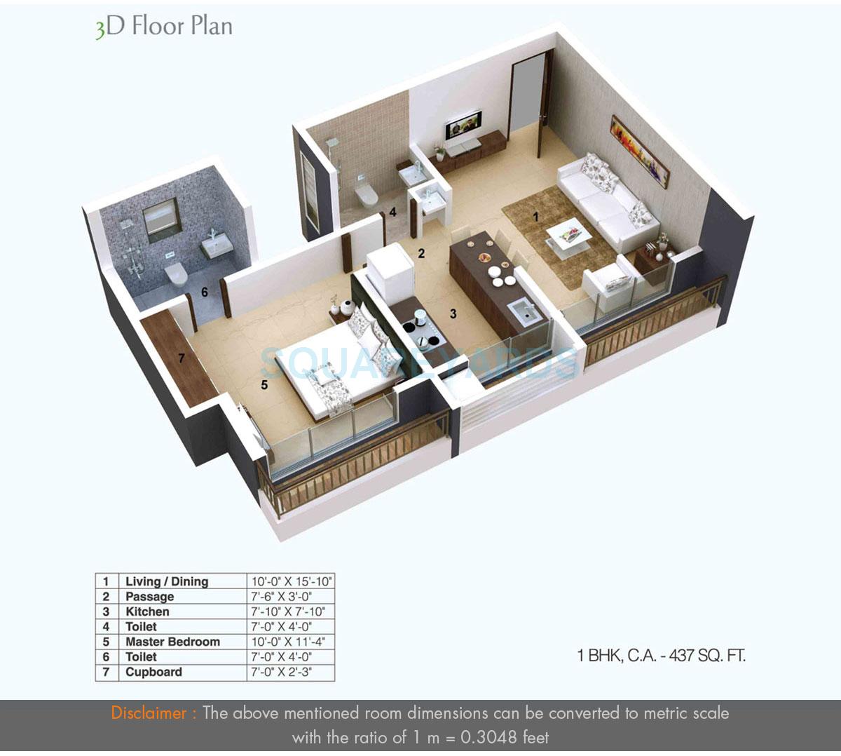 Floor plan of 1 BHK 437 Sq. Ft. Apartment in The Wadhwa Evergreen Heights, Thane