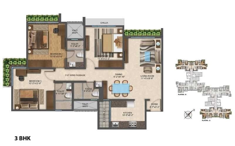 Floor plan of 3 BHK 898 Sq. Ft. Apartment in The Wadhwa Platina, Thane