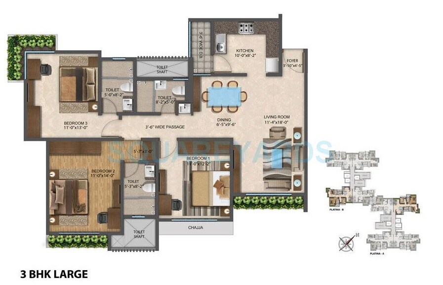Floor plan of 3 BHK 939 Sq. Ft. Apartment in The Wadhwa Platina, Thane