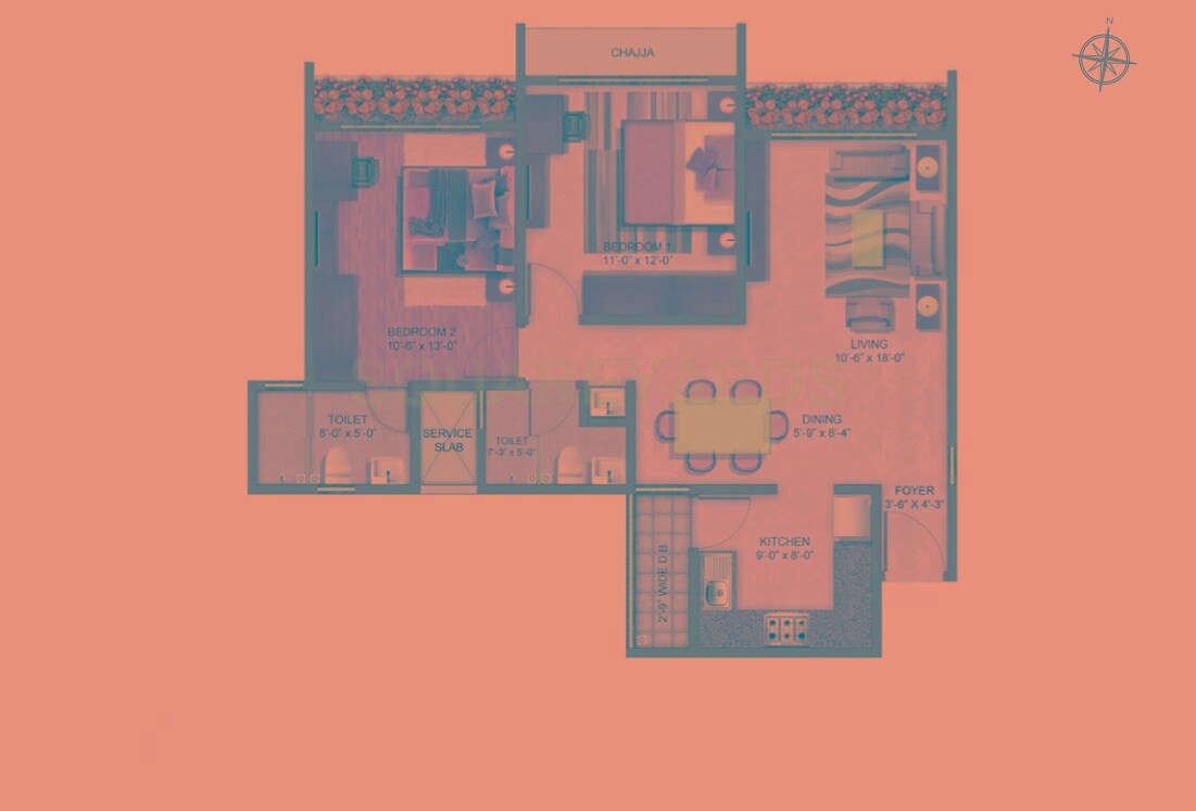 Floor plan of 2 BHK 794 Sq. Ft. Apartment in The Wadhwa Solitaire, Thane