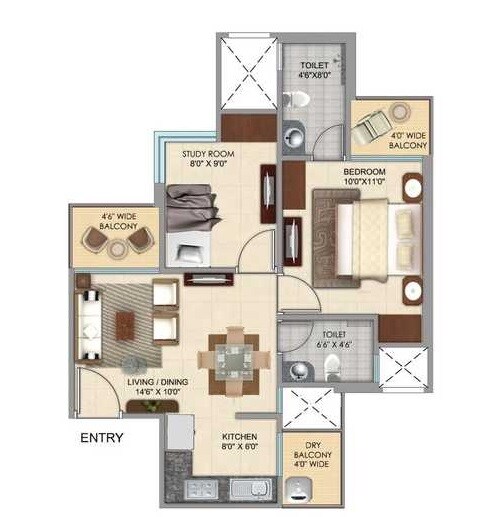 Floor plan of 2 BHK 705 Sq. Ft. Apartment in The Wadhwa Solitaire, Thane