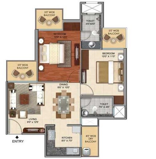 Floor plan of 2 BHK 833 Sq. Ft. Apartment in The Wadhwa Solitaire, Thane