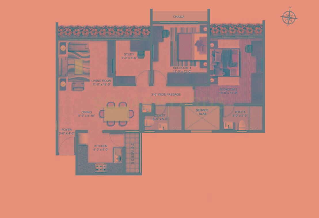 Floor plan of 2 BHK 689 Sq. Ft. Apartment in The Wadhwa Solitaire, Thane