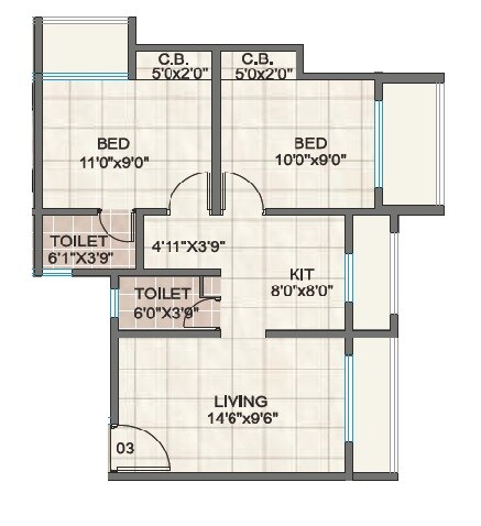 Floor plan of 2 BHK Apartment - 575 sq. ft. in Tiara Hills, Thane