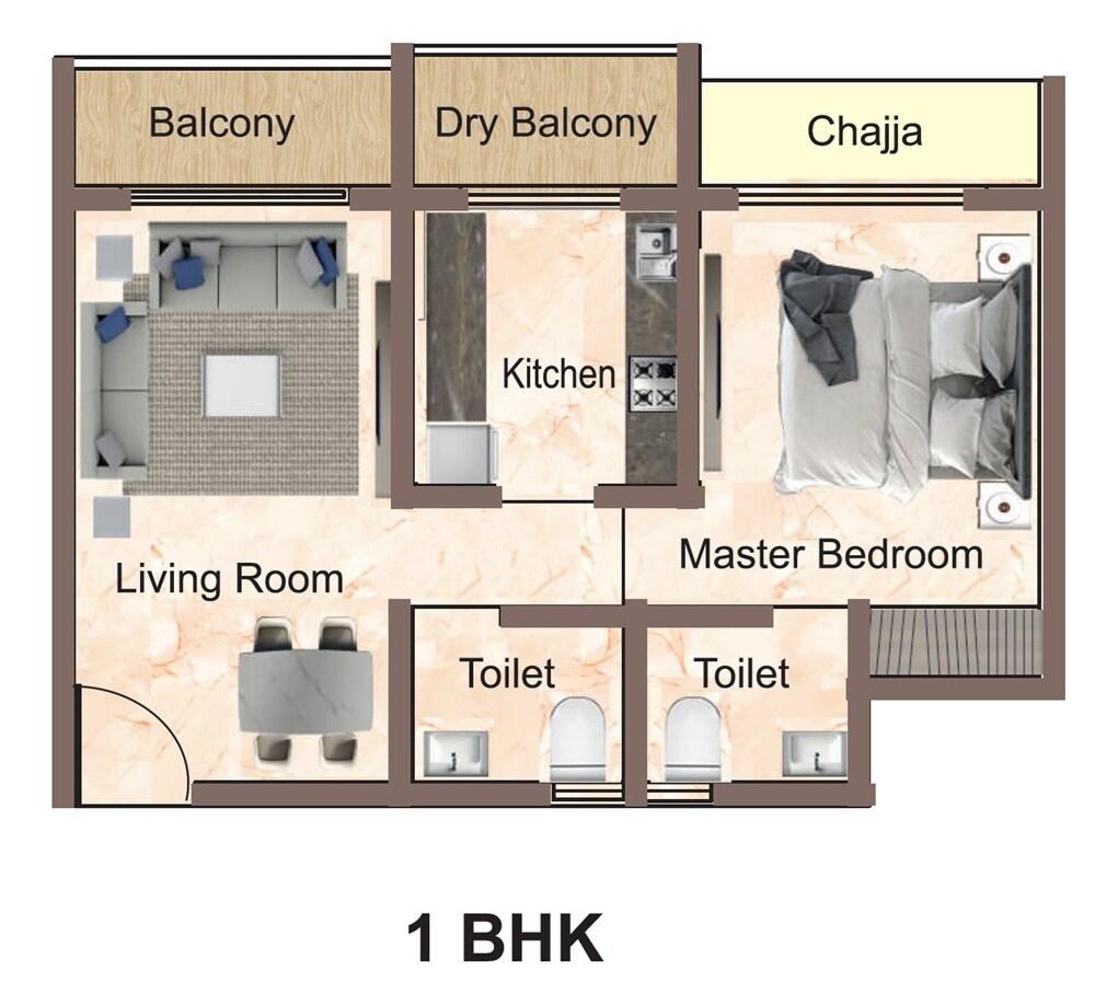 Floor plan of 1 BHK 490 Sq. Ft. Apartment in Tirupati Kasturi Vandana Empire, Thane