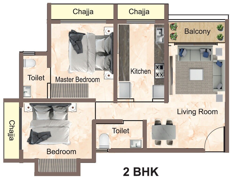 Floor plan of 2 BHK 584 Sq. Ft. Apartment in Tirupati Kasturi Vandana Empire, Thane