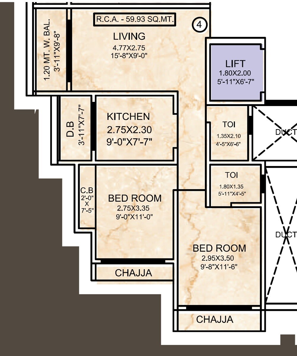 Floor plan of 2 BHK 645 Sq. Ft. Apartment in Tirupati Kasturi Vandana Empire, Thane
