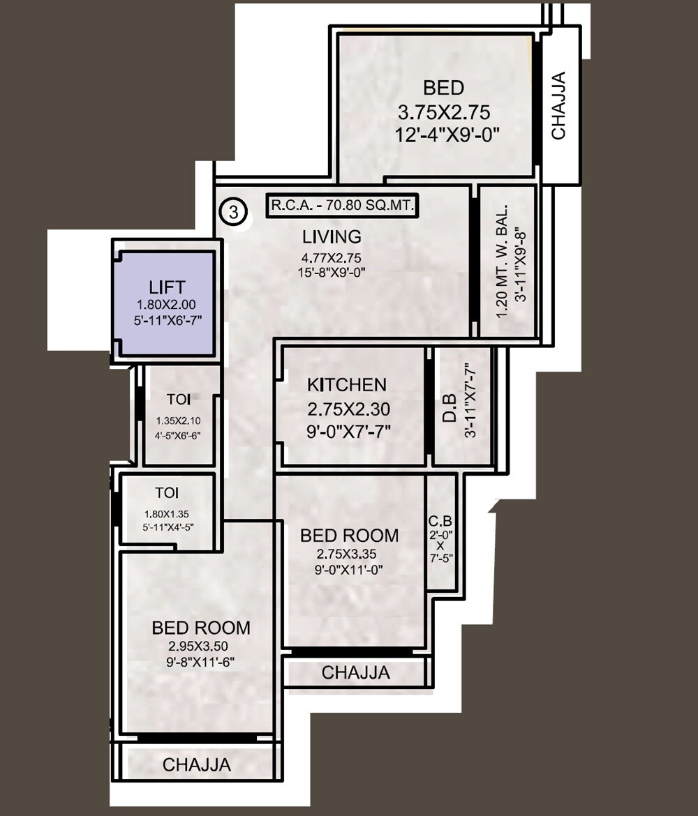 Floor plan of 3 BHK 762 Sq. Ft. Apartment in Tirupati Kasturi Vandana Empire, Thane