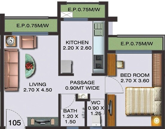 Floor plan of 1 BHK 436 Sq. Ft. Apartment in Tridev Prapti Heritage, Thane