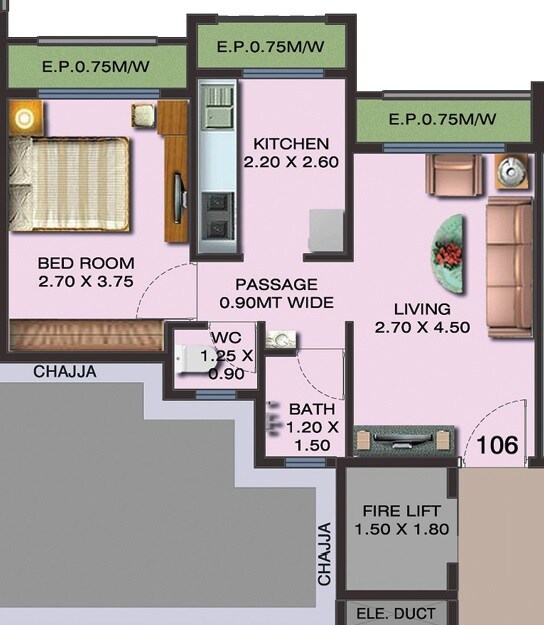 Floor plan of 1 BHK 450 Sq. Ft. Apartment in Tridev Prapti Heritage, Thane