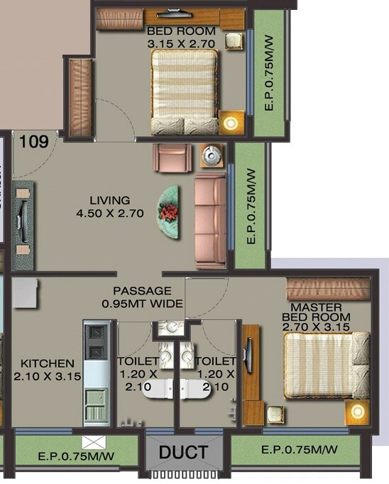 Floor plan of 2 BHK 500 Sq. Ft. Apartment in Tridev Prapti Heritage, Thane