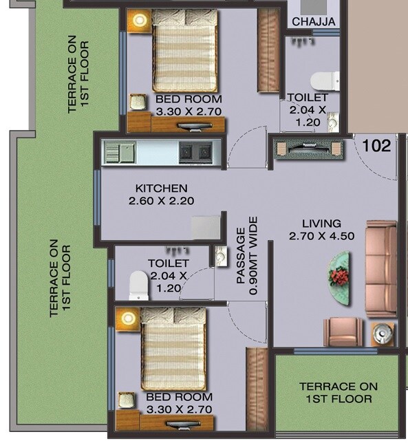 Floor plan of 2 BHK 550 Sq. Ft. Apartment in Tridev Prapti Heritage, Thane