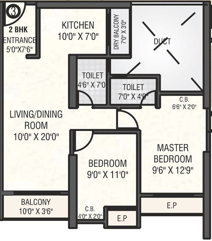 Floor plan of 2 BHK 749 Sq. Ft. Apartment in Trimity Stellar, Thane