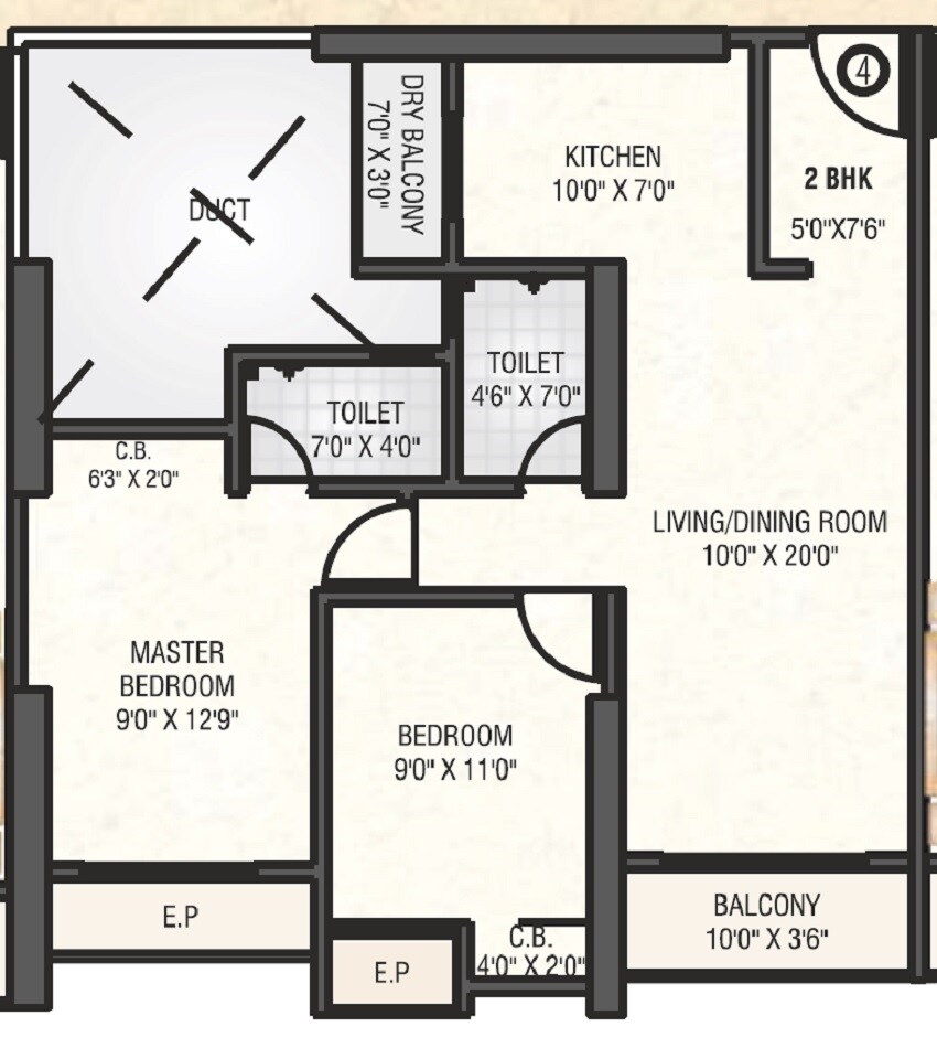 Floor plan of 2 BHK 750 Sq. Ft. Apartment in Trimity Stellar, Thane