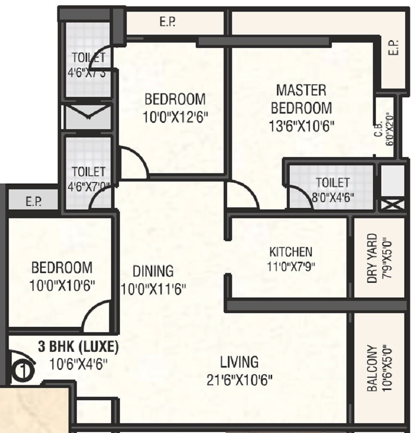 Floor plan of 3 BHK 856 Sq. Ft. Apartment in Trimity Stellar, Thane