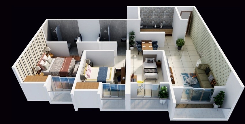 Floor plan of 3 BHK 1166 Sq. Ft. Apartment in Trimity Stellar, Thane