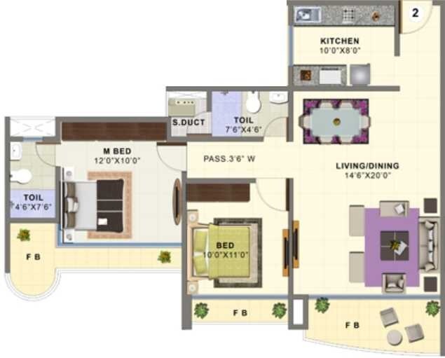 Floor plan of 2 BHK 1300 Sq. Ft. Apartment in Trinity Luxora, Thane