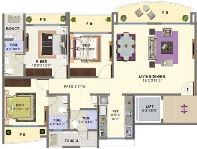 Floor plan of 4 BHK 1950 Sq. Ft. Apartment in Trinity Luxora, Thane
