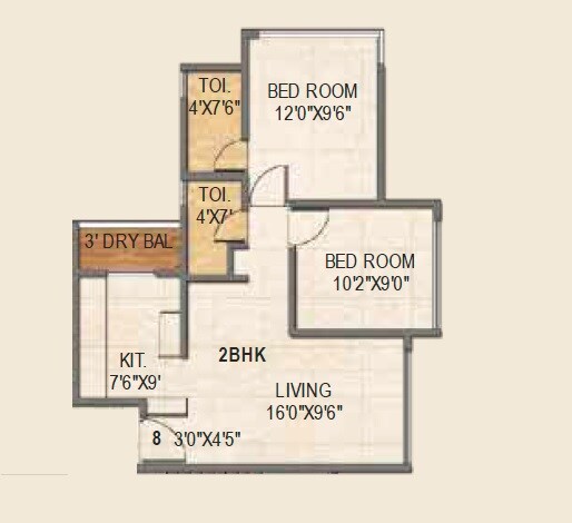 Floor plan of 2 BHK 575 Sq. Ft. Apartment in Triveni Crown, Thane