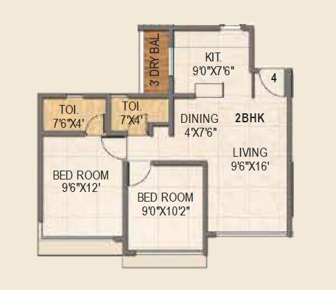 Floor plan of 2 BHK 577 Sq. Ft. Apartment in Triveni Crown, Thane