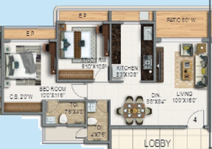 Floor plan of 2 BHK 752 Sq. Ft. Apartment in Triveni Majesta, Thane
